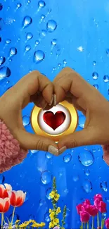 Heart formed by hands with flowers and raindrops on blue background.