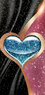 Elegant wallpaper featuring blue glitter heart with black and pink design.