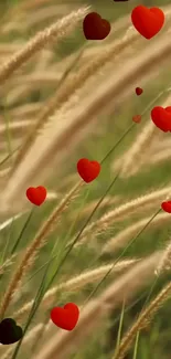 Red hearts float in a green field.