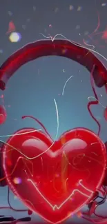 Red heart with headphones mobile wallpaper.