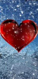 Red heart on icy blue background wallpaper.