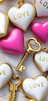 Pink and gold heart and key love themed wallpaper design.