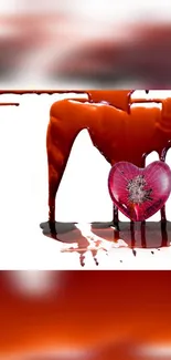 Red heart surrounded by dripping chocolate art on a white background.