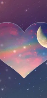 Heart and moon cosmic wallpaper with galaxy stars.