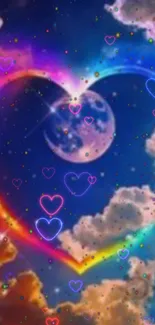 Heart-shaped rainbow encircles the moon in a dreamy, cloud-filled sky.