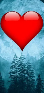 Red heart with full moon and trees in a blue night sky.