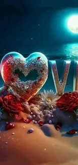 Romantic heart and moonlit ocean wallpaper with red flowers.