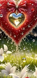 Heart-shaped fantasy wallpaper with nature and butterflies.