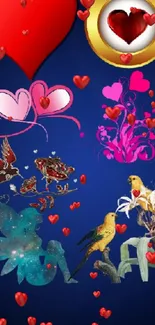 Mobile wallpaper with hearts, flowers, and birds on a dark blue background.