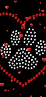 Heart and paw print made of dots on black background.