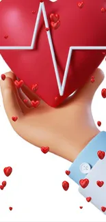 3D illustration of a heart with pulse line held in a hand.