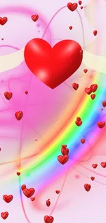 Flying heart with rainbow on pink abstract background.