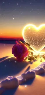 Romantic sunset with glowing heart and rose.