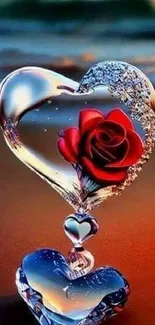 Crystal heart with red rose at beach wallpaper.