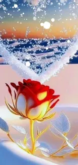 Fantasy art with heart ice and red rose.