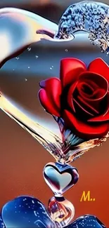 Heart-shaped glass encasing a vibrant red rose.