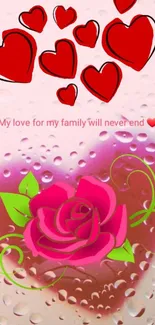 Vibrant wallpaper with red hearts and a pink rose symbolizing love and family.