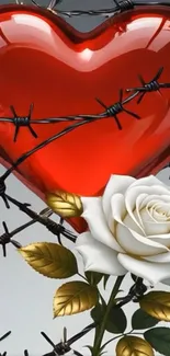 Heart wrapped in barbed wire with a white rose.