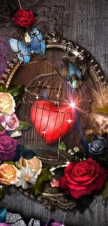 Heart in cage surrounded by colorful roses and art on dark background.