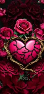 Wallpaper featuring a heart surrounded by red roses and vines.