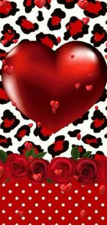 3D red heart with roses and animal print background wallpaper.