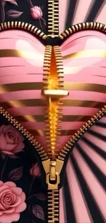 Digital art with 3D heart zipper and pink roses.