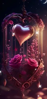 Fantasy heart and roses under a starry sky wallpaper.