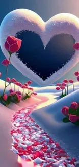 Snow heart with vibrant roses in a fantasy landscape.