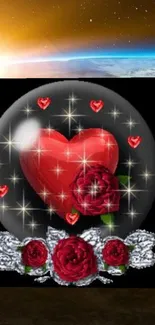 Heart and roses with galaxy background wallpaper.