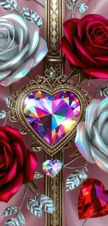 Vibrant heart with red and silver roses.