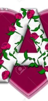 Floral letter A with roses on heart background.