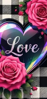 Heart with pink roses on plaid background.