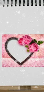 Heart with pink roses on a sparkling pink background.