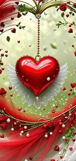 Heart and roses mobile wallpaper with vibrant red hues and floral design.