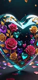 Heart-shaped design with roses and colorful hearts.