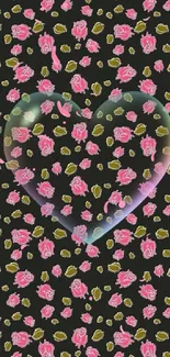 Wallpaper with pink roses and a transparent heart over a dark background.