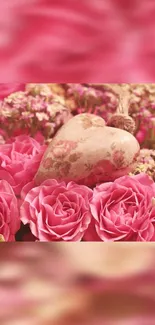 Rustic heart surrounded by vibrant pink roses and delicate flowers.