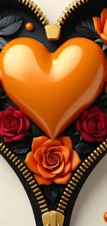 Orange heart with roses and zipper design wallpaper.