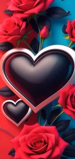 Luxurious heart with vivid red roses and vibrant colors.