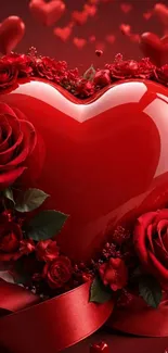 Romantic red heart with roses Wallpaper