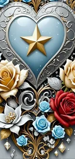 Artistic heart with colorful roses in ornate design.