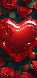 Red heart surrounded by vibrant roses.