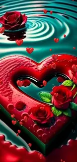 Red heart with roses on water, creating ripples.