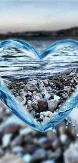 Heart-shaped water frame with ocean beach background.