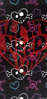 Vibrant heart and skull pattern on black background for mobile.