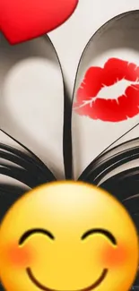 Heart and smiley emoji on book background wallpaper.