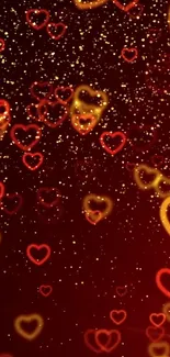 Wallpaper with glowing hearts and sparkles on a dark red background.