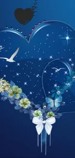 Heart-shaped design with flowers and stars on a deep blue background.