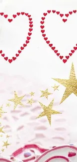 Mobile wallpaper featuring red hearts and golden stars on a white background.