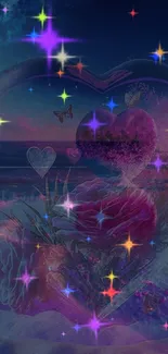 Heart with stars and butterflies over a dreamy ocean at night.